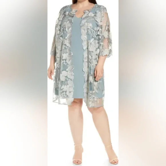sachin and babi light blue dress Alex Evenings Plus Size Embroidered Jacket Dress - Ice Sage